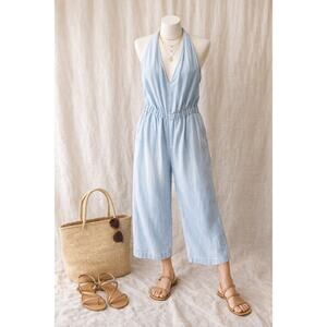 Bella Dahl Tencel Halter Jumpsuit Chambray Blue Wide Leg Boho Minimalist Romper